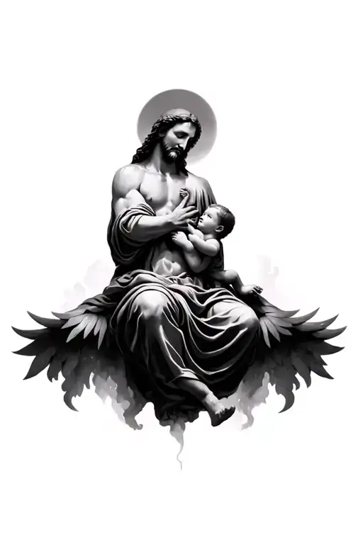 heaven bound jesus holding baby boy tattoo design idea