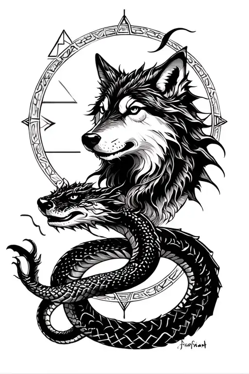 Reincarnation, wolf, snake, dragon, square, circle, triangle, fine line tattoo design idea