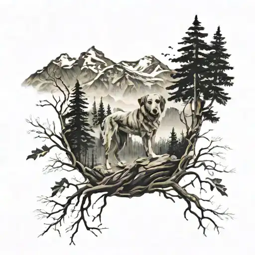 roots, wings and mountains and forest and dog tattoo design idea