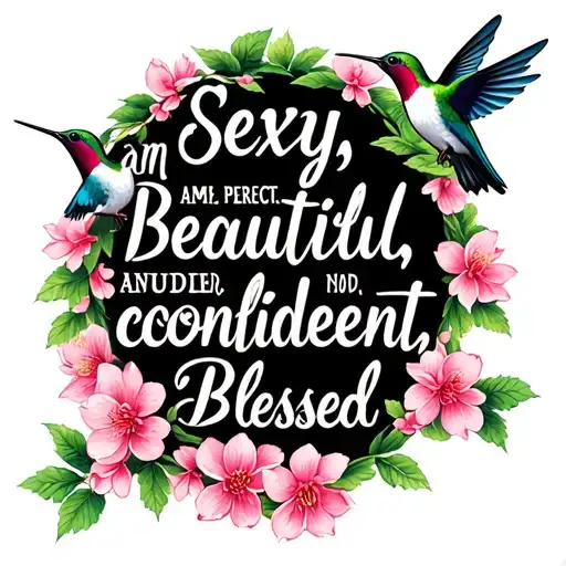 "I am perfect, well protected, " "Sexy, Beautiful, confident, abundance, Blessed,willow tree or a cherry blossom tree with two hummingbirds flying around tattoo design idea