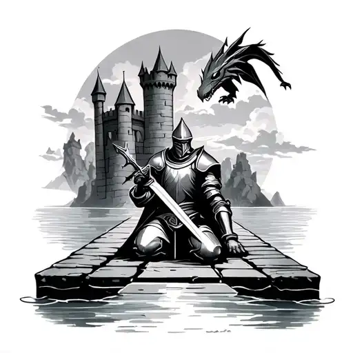 a knight kneeling with a sword on the drawbridge, a castle with water around it behind the knight, a ale dragon in sky a tattoo design idea