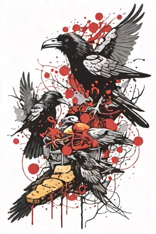 Ravens carrying loaves of bread and meat to a man by a babbling brook  tattoo design idea