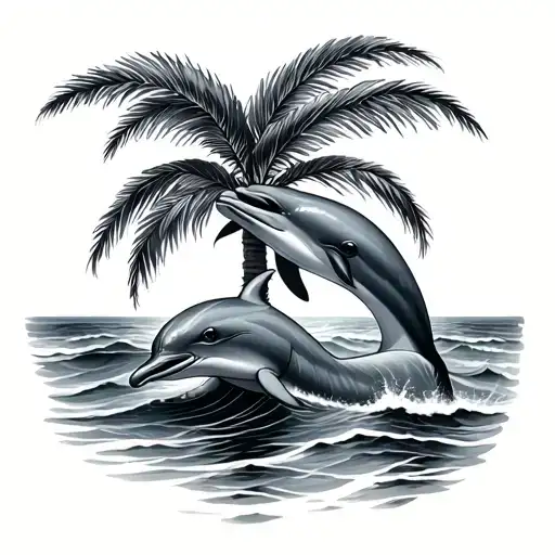 small ankle ocean dolphin palm tree tattoo design idea