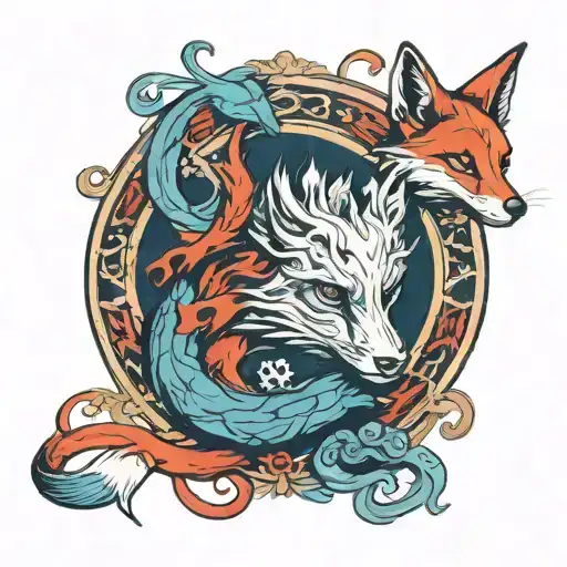 Ouroboros fox tarot devil in red and blue tones tattoo design idea
