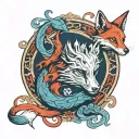 Ouroboros fox tarot devil in red and blue tones tattoo design idea