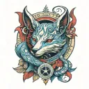 Ouroboros fox tarot devil in red and blue tones tattoo design idea