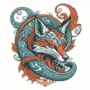 Ouroboros fox tarot devil in red and blue tones tattoo design idea