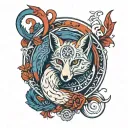 Ouroboros fox tarot devil in red and blue tones tattoo design idea