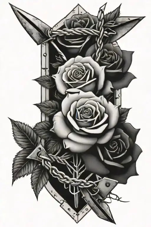arrow and barbed wire with roses tattoo design idea