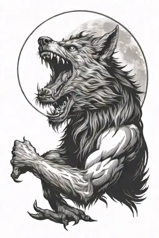 the forest werewolf howls at the moon with all his hand tattoo design idea