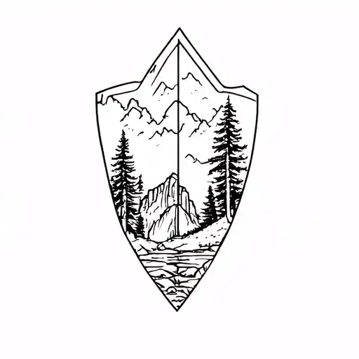 Rough, ancient arrow head with 'Angels' Landing' and arches from Arches National Park. Sequoia trees and a waterfall tattoo design idea