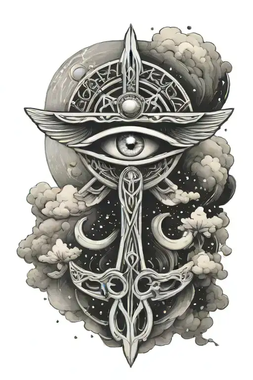 an ankh symbol with eye surrounded by clouds and stars tattoo design idea