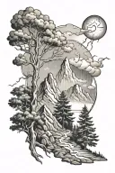 trees with a mountain and lightning storm tattoo design idea
