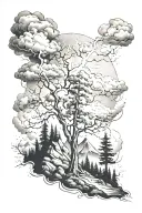 trees with a mountain and lightning storm tattoo design idea