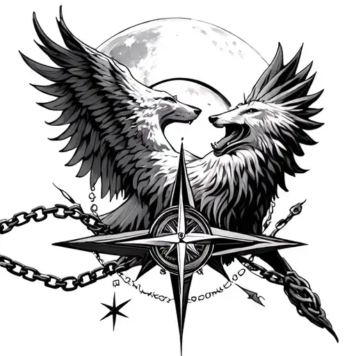 broken chain + compass + Phoenix + wolf howling at the moon tattoo design idea