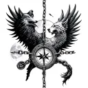 broken chain + compass + Phoenix + wolf howling at the moon tattoo design idea