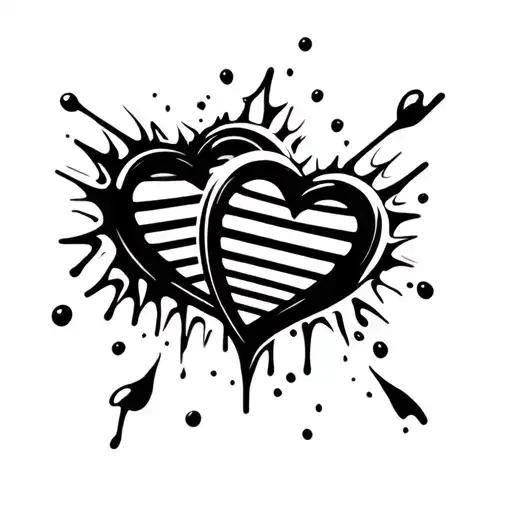 two 3D art popping cartoon heart icons, thick black outline, melting together with DNA symbol tearing in and out of them tattoo design idea
