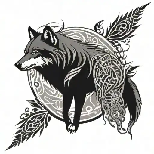 An abstract design combining tribal patterns with elements of wolves, plants, and trees in a black-grey style tattoo design idea