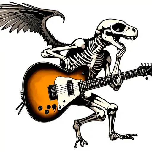 raptor skeleton playing guitar tattoo design idea