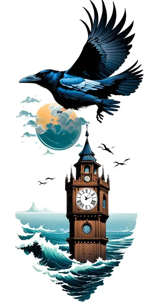 full sleeve tattoo featuring a raven flying around a clock tower with an ocean background tattoo design idea