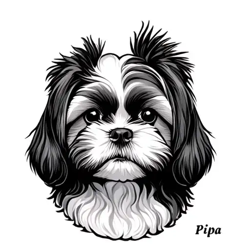 Face of a shih tzu puppy crooked. Black Work and Old School style. Track below with the name Pipa tattoo design idea