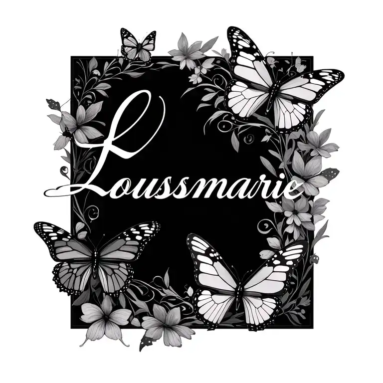 Name Lousmarie in cursive with butterflies around it tattoo design idea