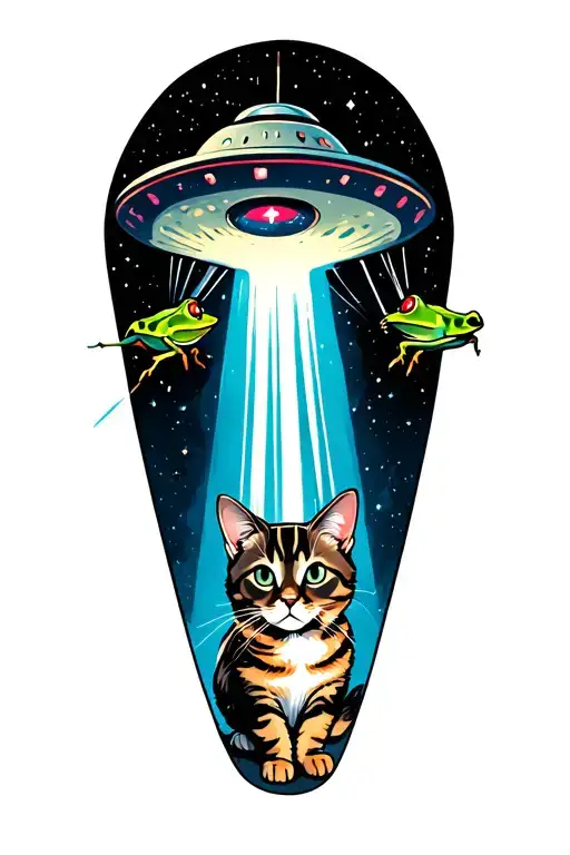 ufo Abducting cat with space frogs shooting at ufo tattoo design idea