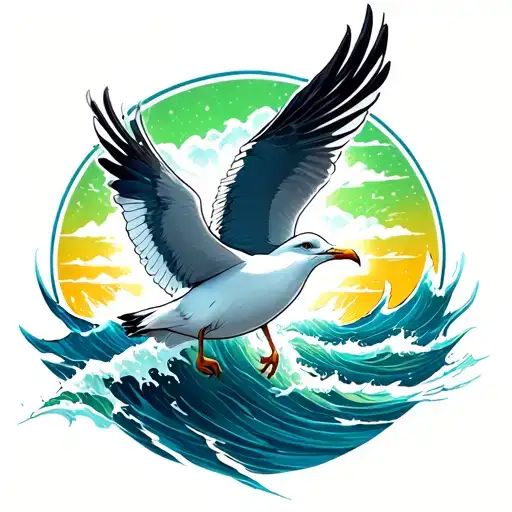 seagull flying out of a hurricane of blue and green waves tattoo design idea