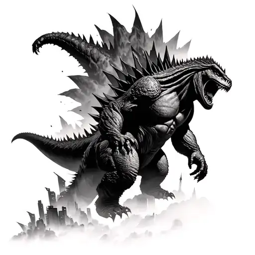 Godzilla and King Kong cityscape tattoo design idea