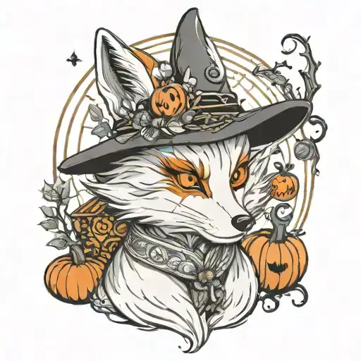 Fantsy white Kumiho fox in any godless skins and magick hat, with halloween pumpkins and candles tattoo design idea