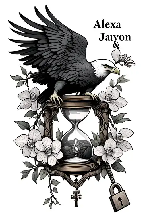 "Alexa & Jaydon" bald eagle, orchid vine through hourglass with a lock and key to resemble the protection of my two children  tattoo design idea