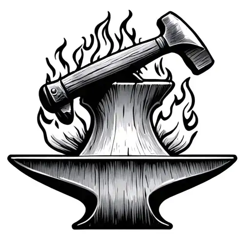 Masculine blackwork tattoo design featuring a hammer striking an anvil, surrounded by a subtle ring of flames tattoo design idea