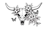 western cow skull with flowers and butterflies tattoo design idea