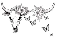 western cow skull with flowers and butterflies tattoo design idea