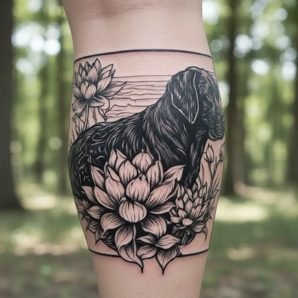 a black lab in the sunrise surrounded by lotus flowers tattoo design idea