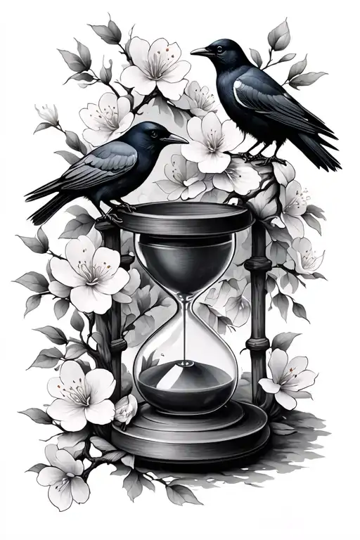 Japanese cherry blossoms, crows, hourglass tattoo design idea