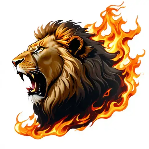 lion roaring firece with fire flames tattoo design idea