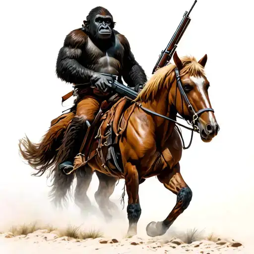 koba from planet of the apes, riding a horse. with a rifle gun in his hand. tattoo design idea