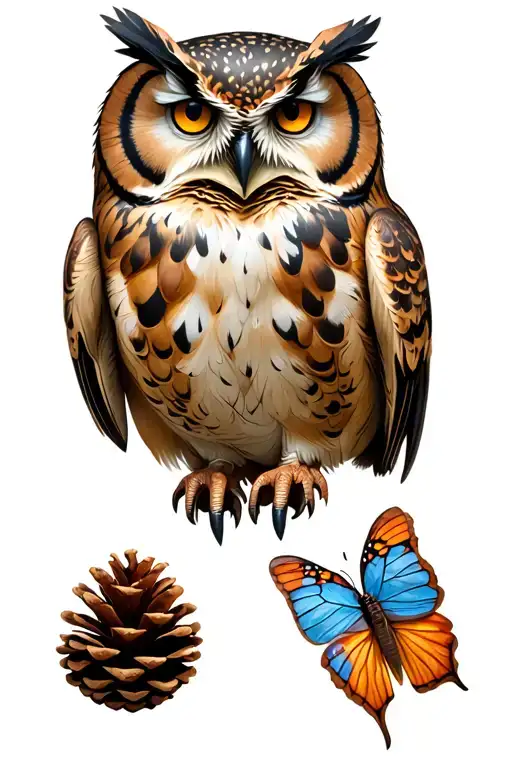 Bear claws, owl, pinecone, butterfly, "release" tattoo design idea