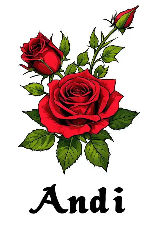 red rose with the name Andi at the bottom of the stem tattoo design idea