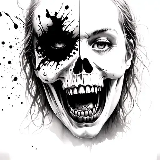  beautiful girl face screaming with vampire fangs and ink splatter with half of her face revealing her skull tattoo design idea