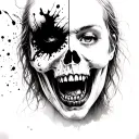  beautiful girl face screaming with vampire fangs and ink splatter with half of her face revealing her skull tattoo design idea