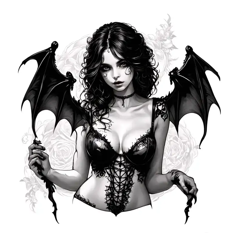 Gothic, Succubus, G-String, Ripped Bra tattoo design idea