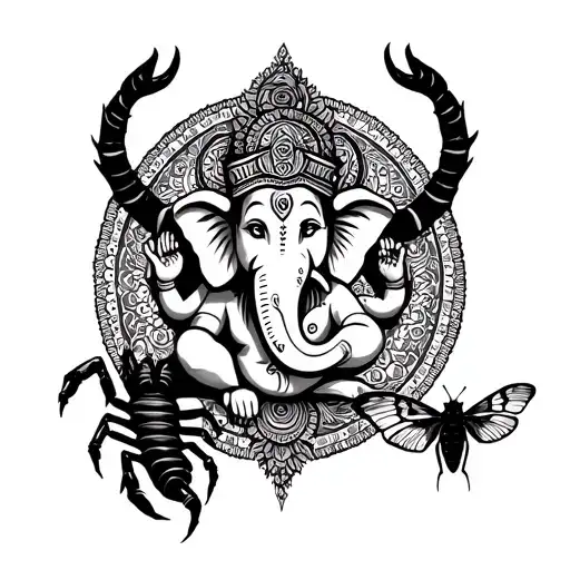 Ganesha with a mandala background and a scorpion and moth. tattoo design idea
