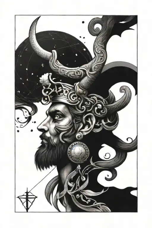 right arm cuff with a Greek god head, Capricorn and Taurus constellation and related to music tattoo design idea