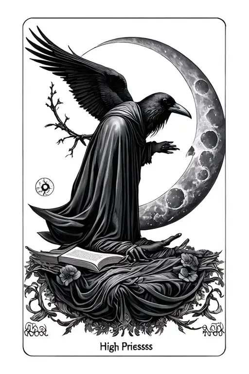robed High Priestess Tarot card, crecent moon, raven, crescent moon tattoo design idea