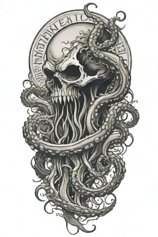 A black and grey tattoo of a malevolent kraken overtaking a skull with its massive tentacles  tattoo design idea