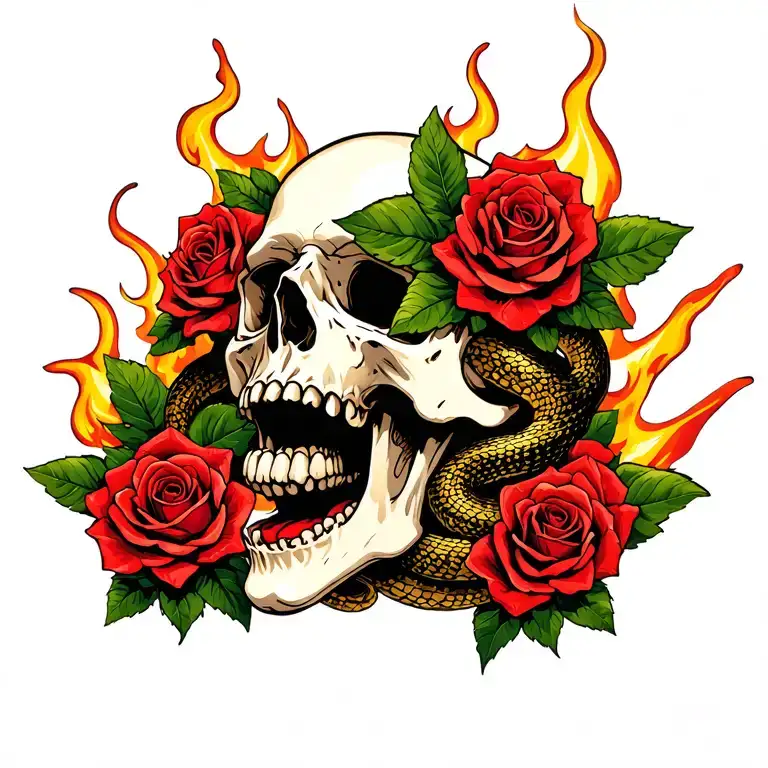 skull with roses from open mouth surrounded leaves and flames and snake around all this tattoo design idea