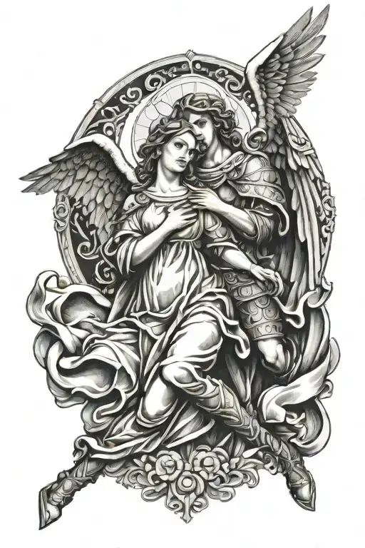 Holy Mary and Archangel Michael protecting a life tattoo design idea
