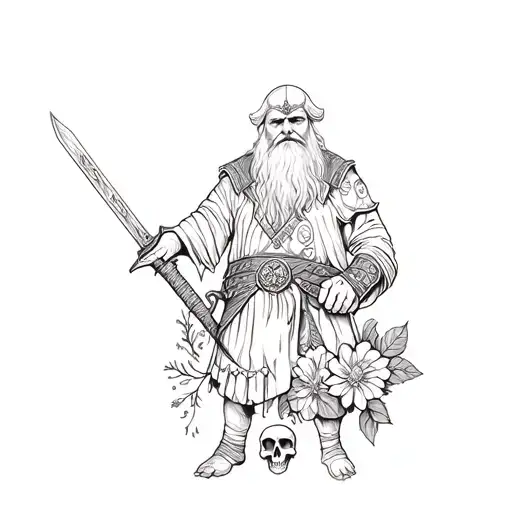 old man in Viking style featuring symbols with sword, skull and flowers tattoo design idea